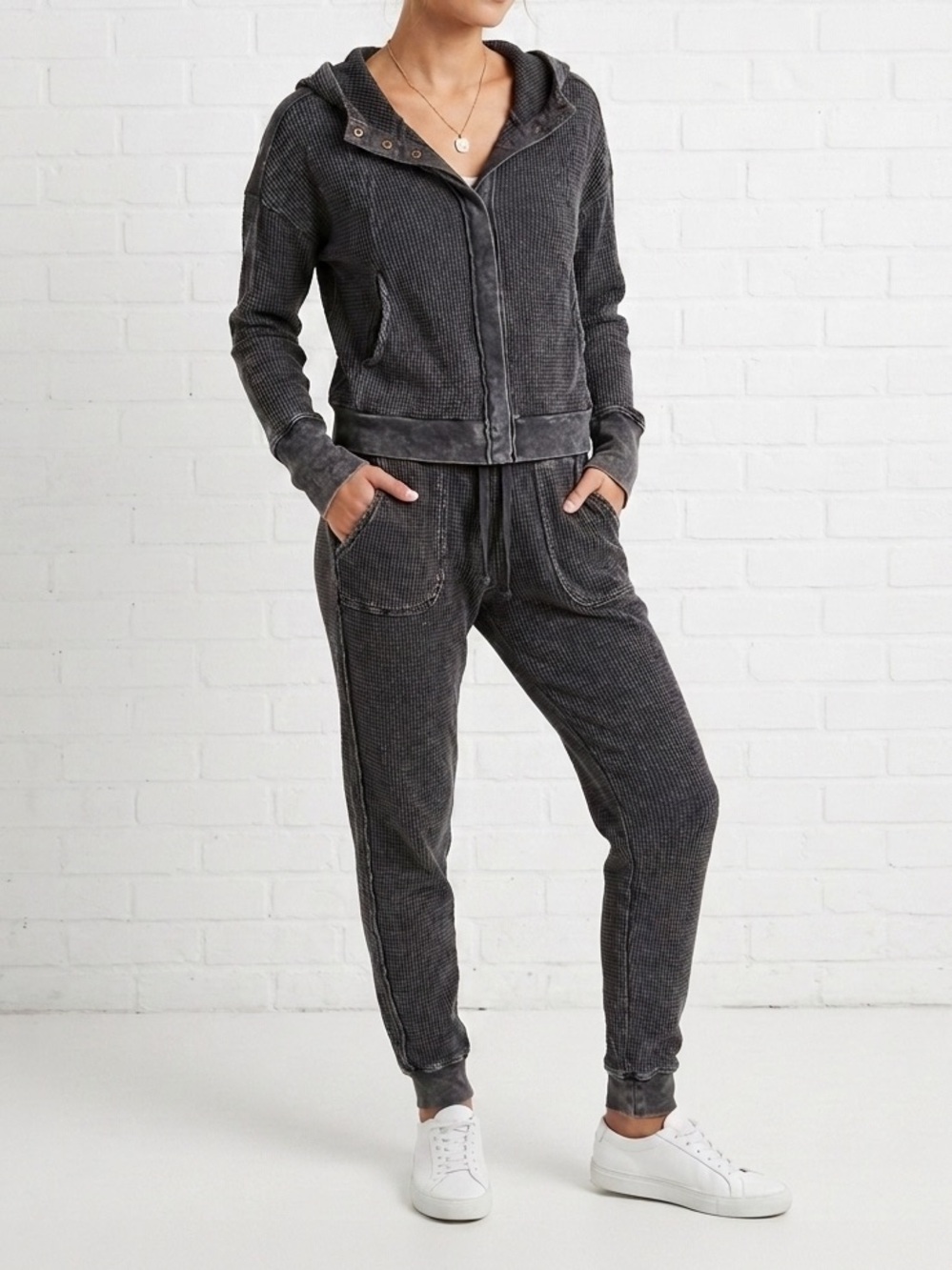 Hard Tail Forever Waffle Knit Lounge Set Acid Wash Hoodie Joggers Y2K Boho Small